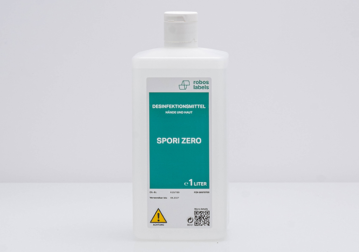 Kunststoffflasche mit tastbaren Elementen auf dem Etikett und einem Warnhinweis.
