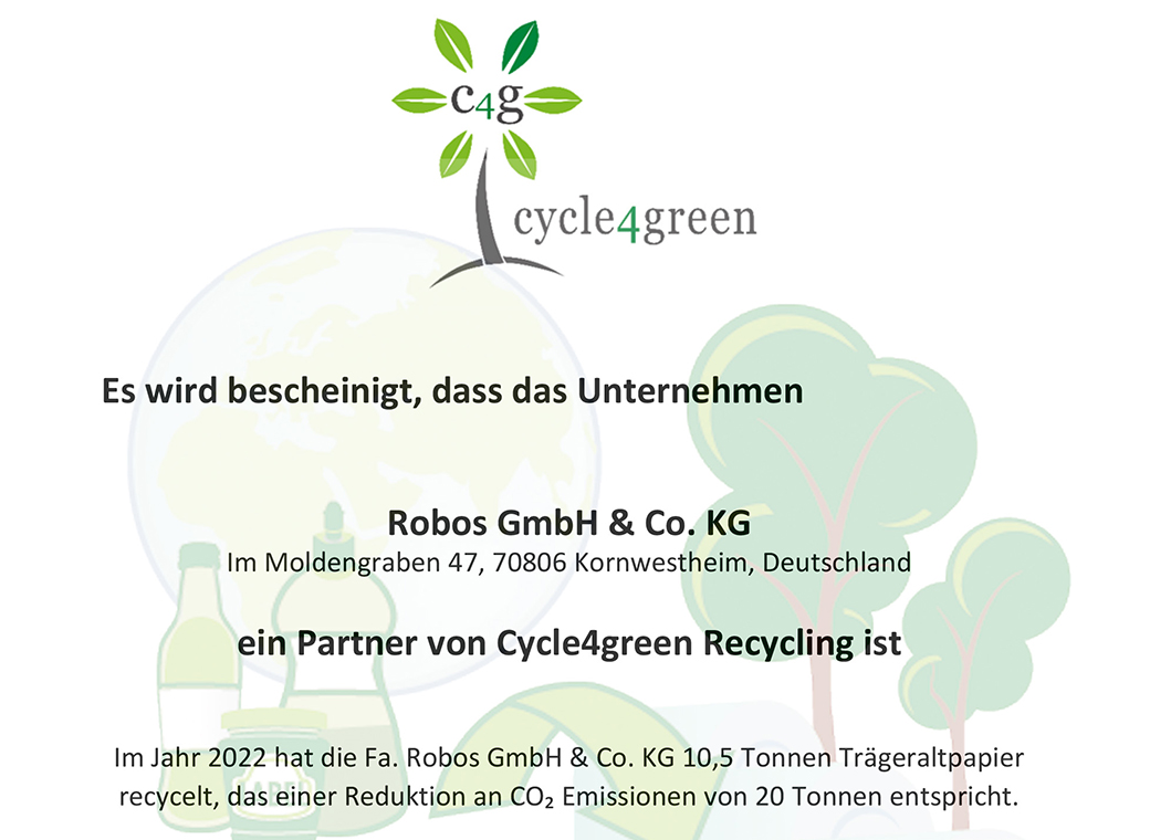 Ein Zertifikat dokumentiert die Einsparung von 20 Tonnen C02-Emissionen im Jahr 2022 bei Etikettenhersteller robos-labels in der Nähe von Stuttgart.